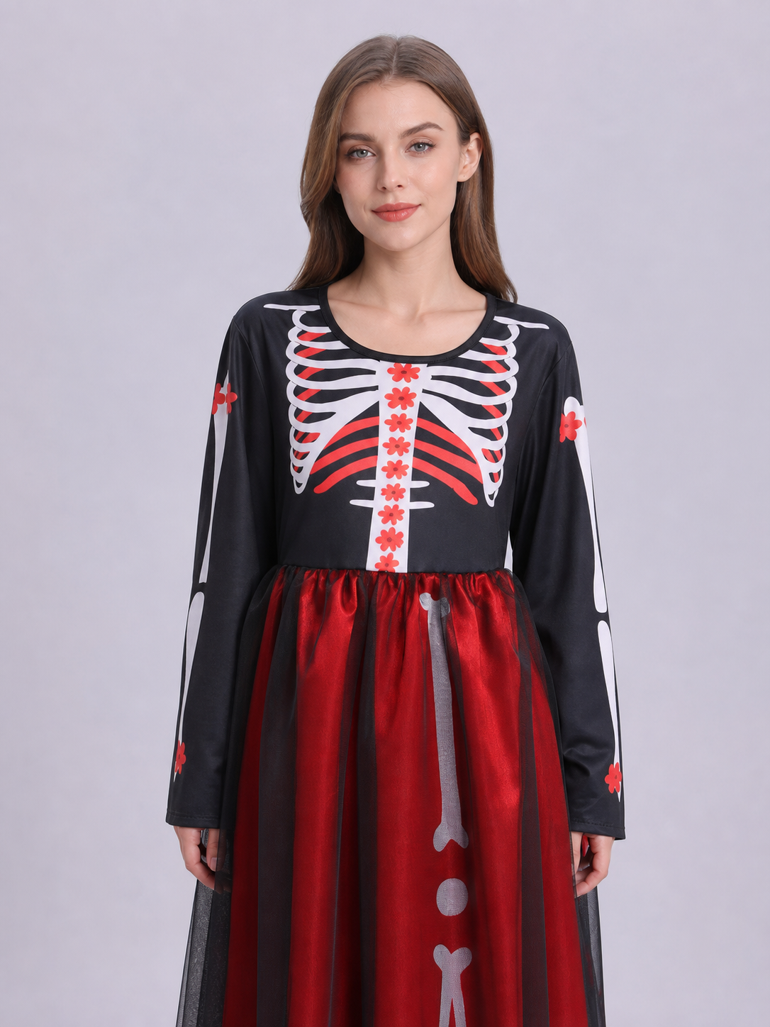 Halloween cosplay dress with a skeleton print