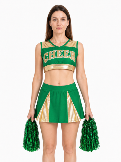 Cheerleading Costume: Green Top, Gold-Accent Skirt, and Pom-Poms Costumes detail 3