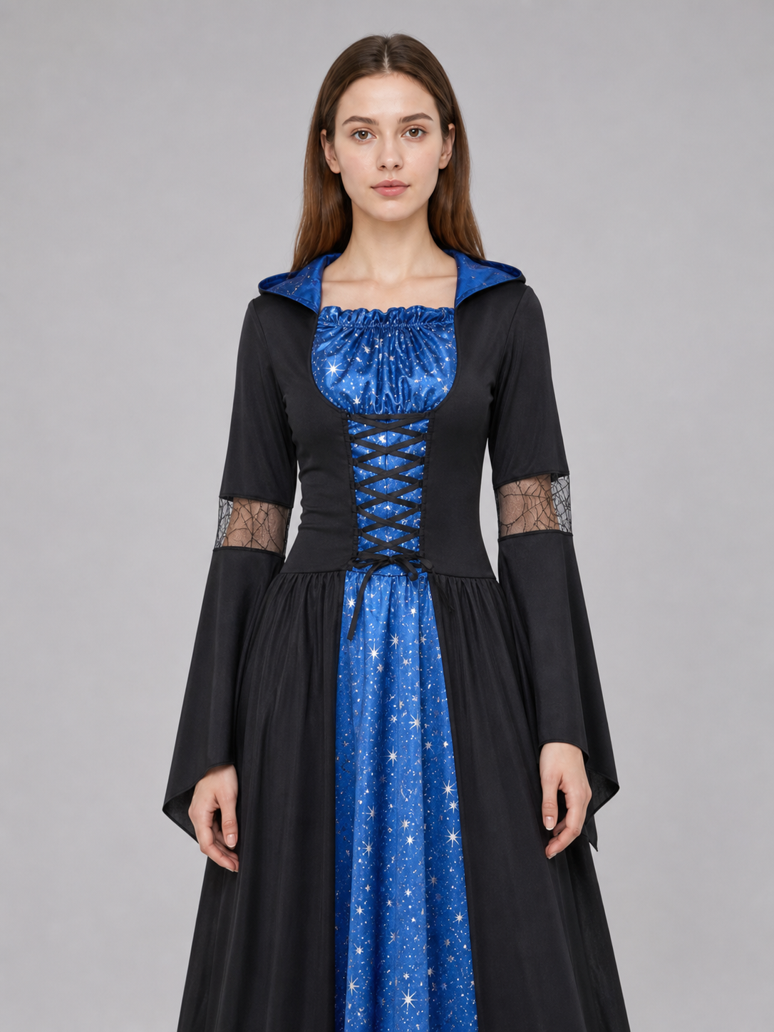 This costume is designed to create a witch, vampire, or ghostly character look for Halloween and themed role-playing events. The design features a black-and-blue color combination and consists of a long dress with a hood and long sleeves. T