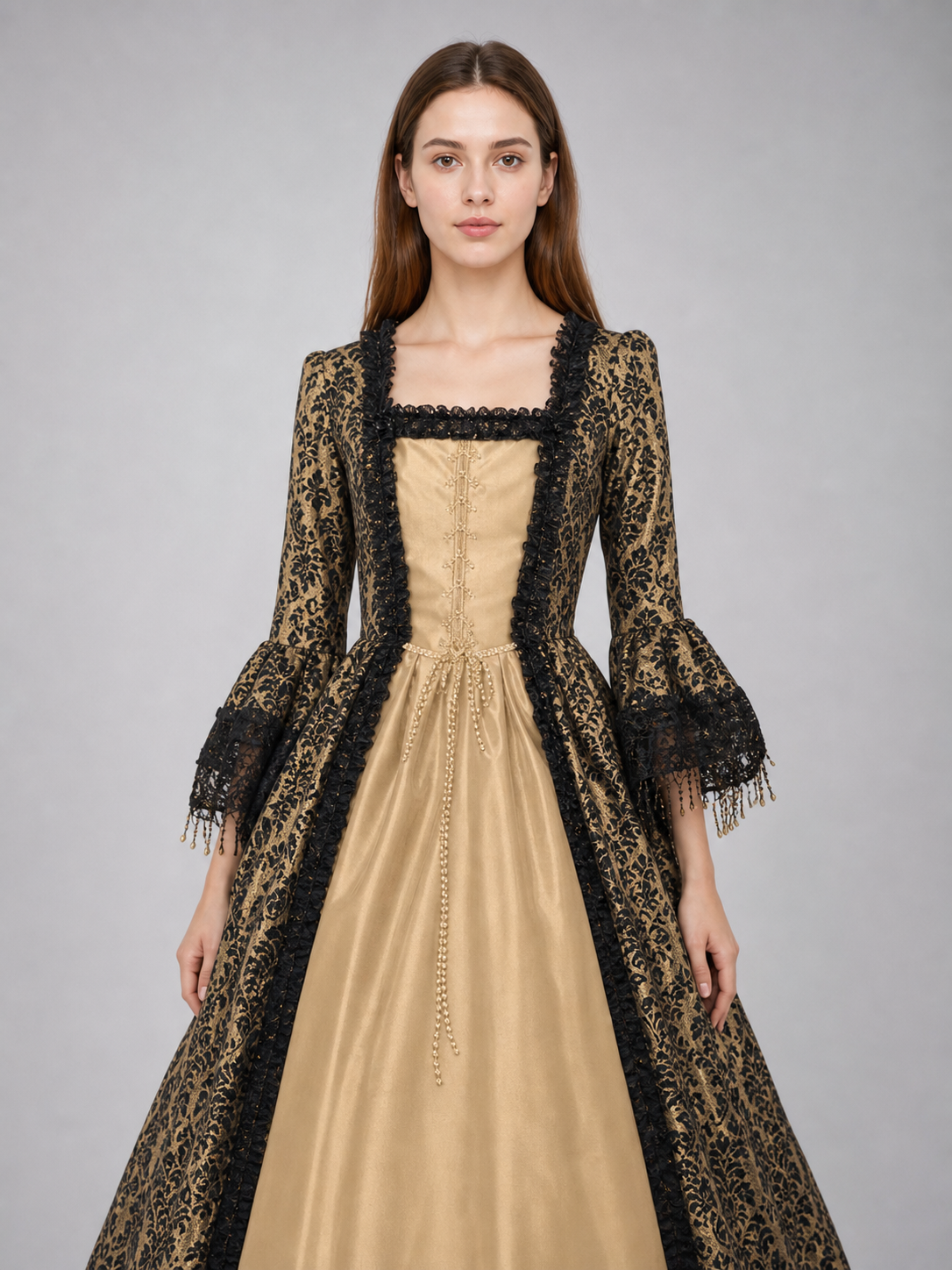 The dress is designed in a historical style with theatrical and decorative