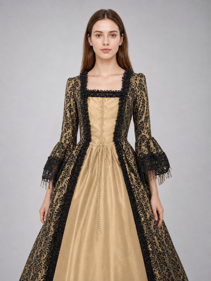 The dress is designed in a historical style with theatrical and decorative