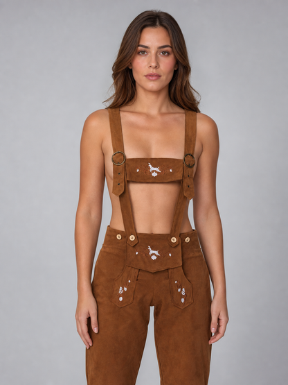 Brown folk role-play clothing designed as short shorts with a bib panel connected to shoulder suspenders and extending to the waistline. The outfit features an ethnic style and several front pockets, including pockets on the bib and shorts.