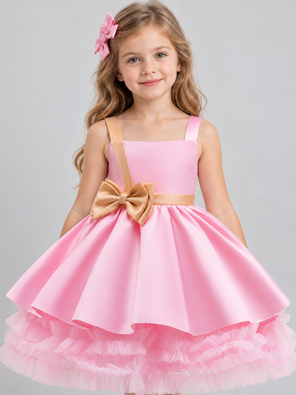 Pink girls' party dress with bow and puffy skirt
