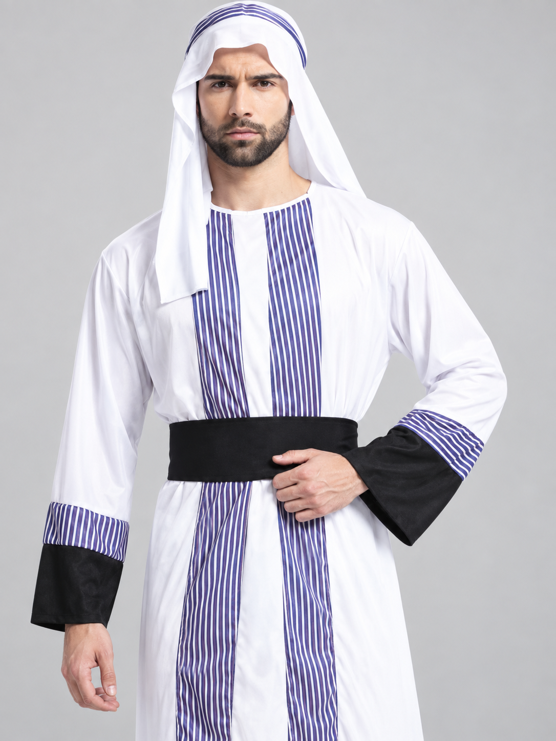 Sheikh Costume: Long Striped Robe, Headscarf, Belt