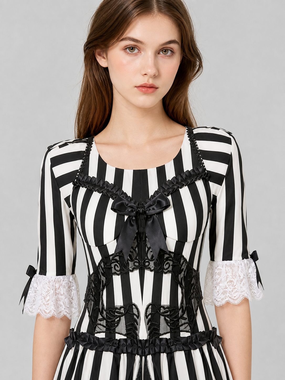 Gothic Striped Dress with Lace and Bow