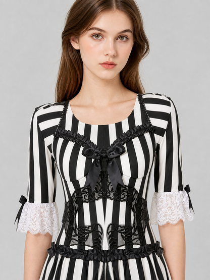 Gothic Striped Dress with Lace and Bow