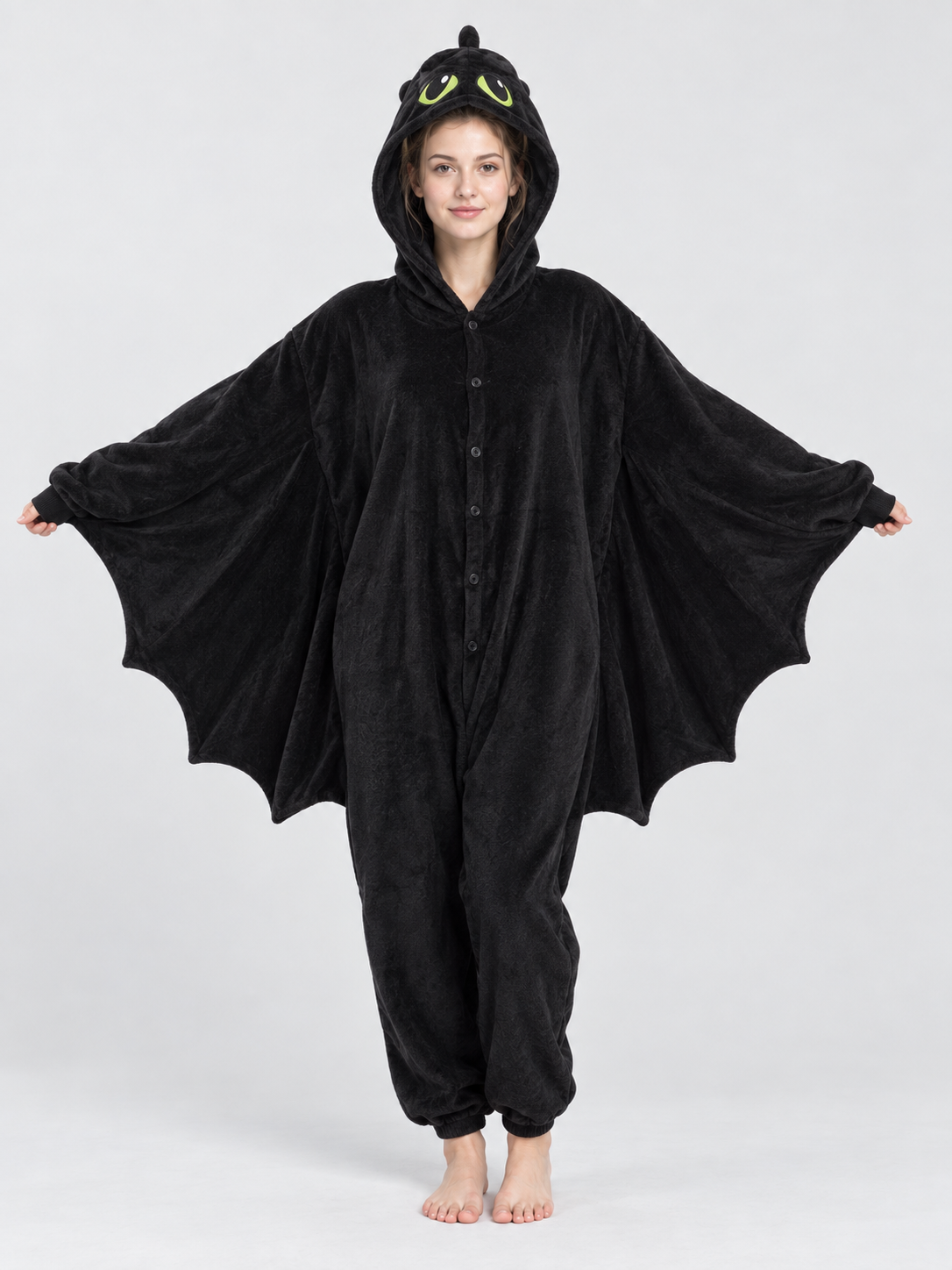Black Fleece Hooded Pajama Jumpsuit with Wings