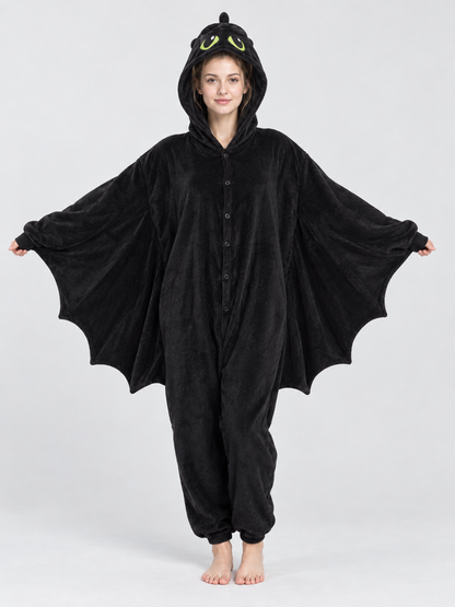 Black Fleece Hooded Pajama Jumpsuit with Wings