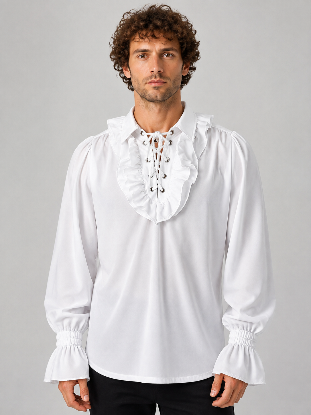 Chiffon Ruffle Blouse with Lacing and Long Sleeves product detail 2