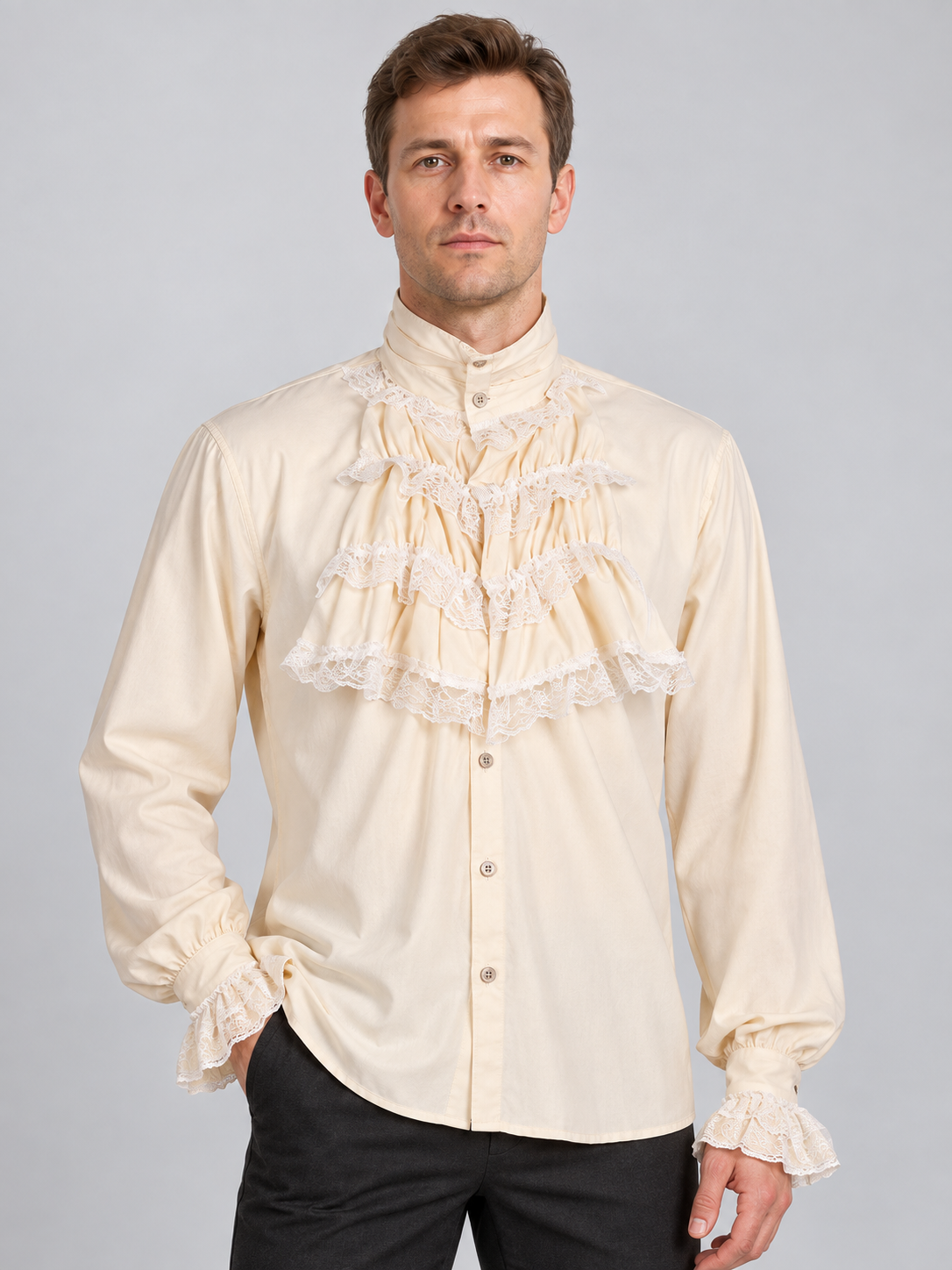 Light beige shirt with a high collar, jabot and ruffles