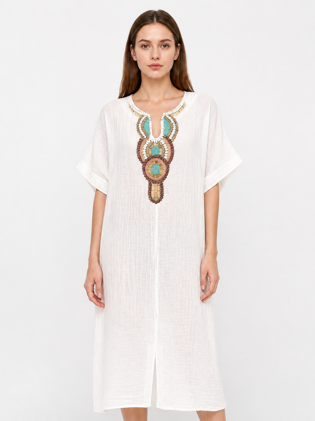 Loose-Fit Midi Dress with Beaded Embroidery