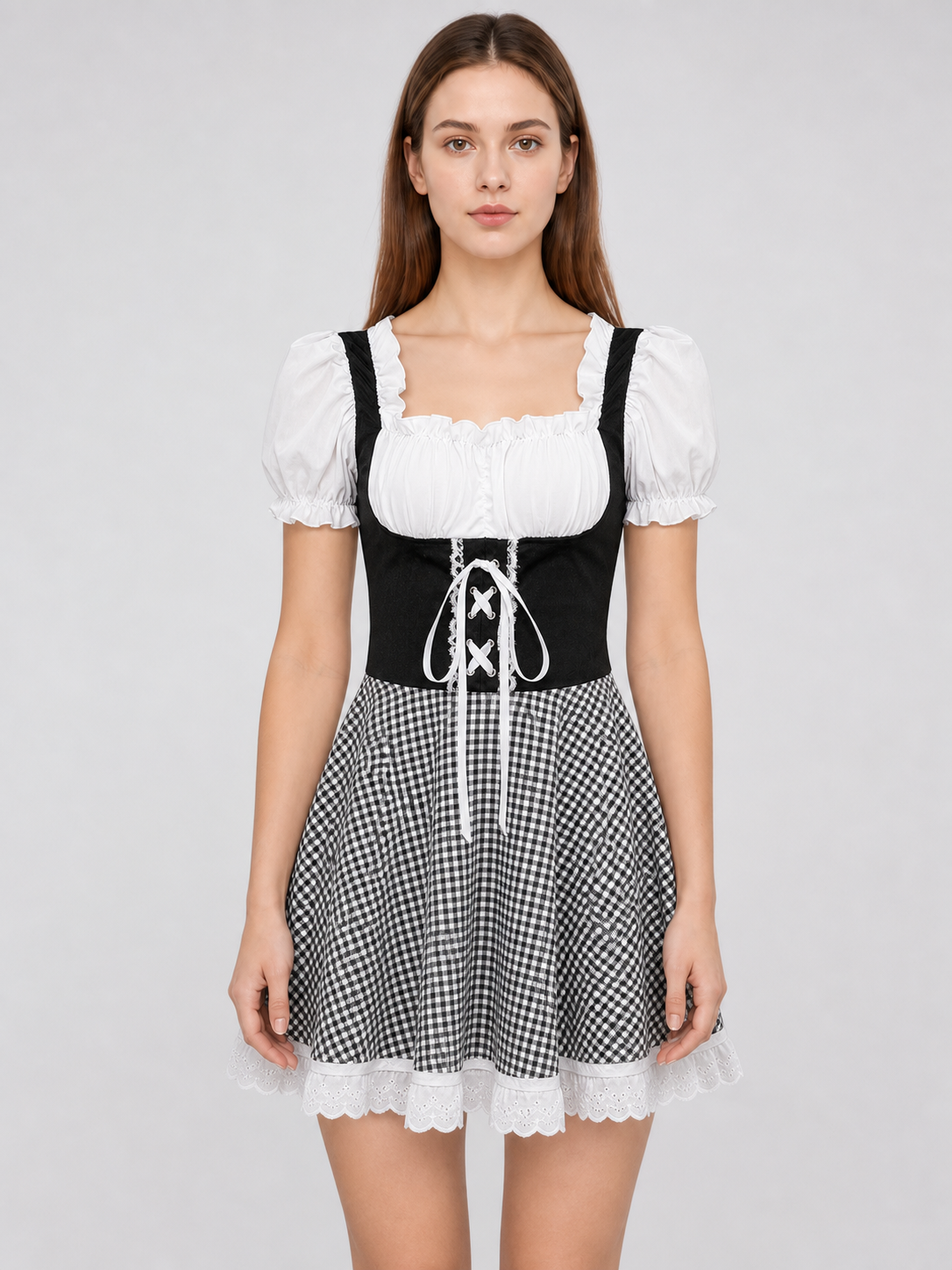 Folk-Style Costume Dress with Plaid Skirt