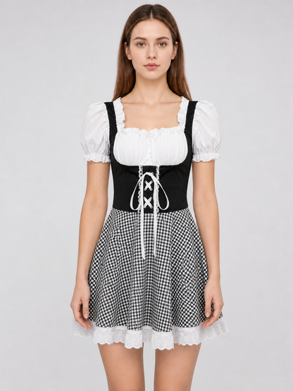 Folk-Style Costume Dress with Plaid Skirt