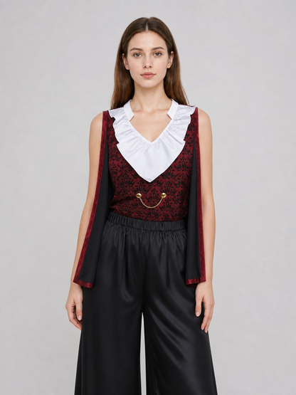 Cosplay costume with cape, chain, and trim