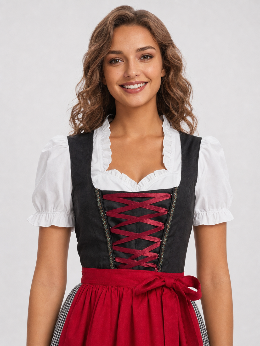 Bavarian Dress with Bodice and Plaid Trim