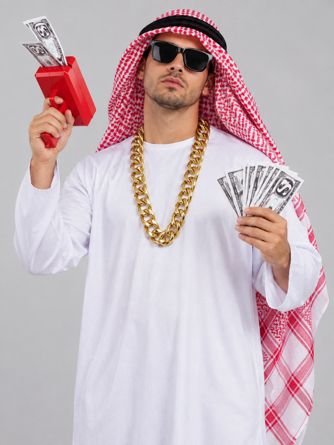 Carnival Costume with White Robe and Plaid Scarf