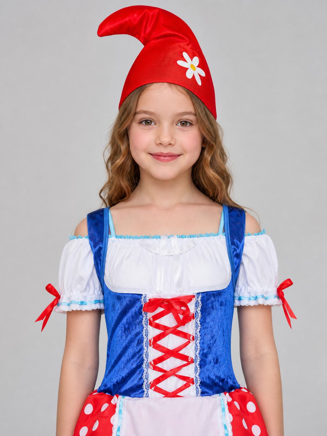 The dress is designed in the style of a German beer festival and is suitable for a themed party, cosplay, or festive outfit. The set includes a dress and a pointed curved hat. The design features a combination of white, red, and blue. The t