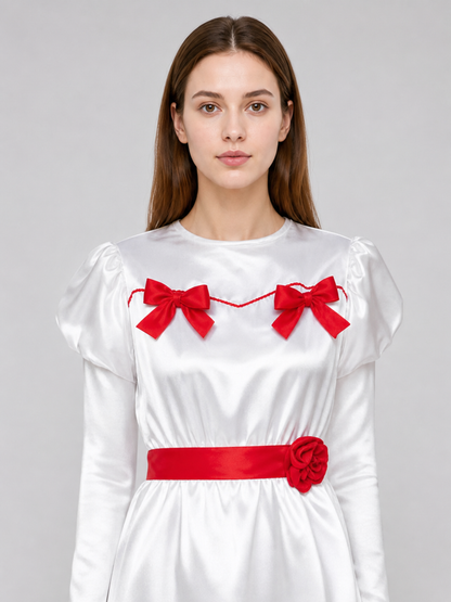 White Dress with Red Bows and Ruffles Costume Dresses detail 2