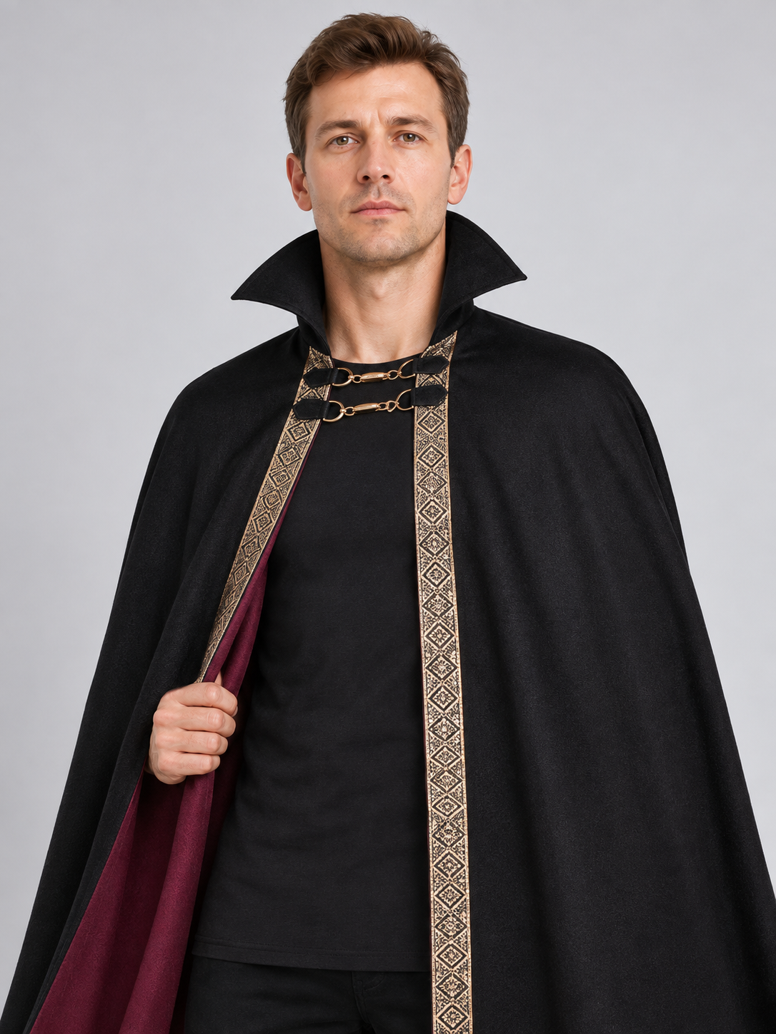 Cape Cloak with Burgundy Lining and High Collar Costume Capes detail 2