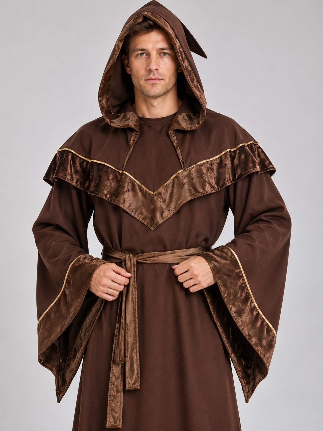 Brown Wizard Costume with Hood and Belt