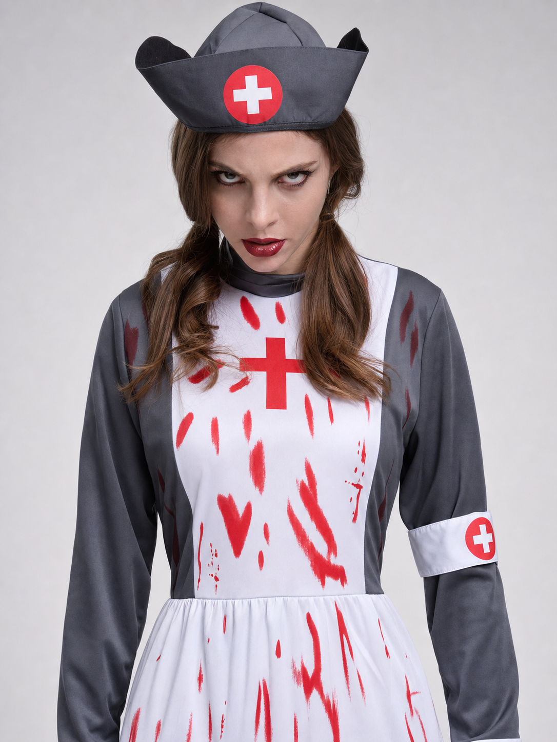 Nurse Costume with Red Crosses and Blood-Like Prints