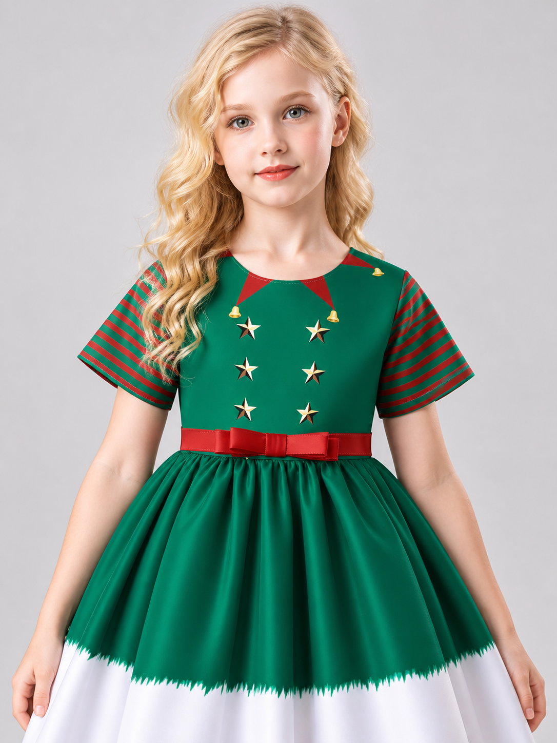 Green Kids' Holiday Dress with Stars and Bow