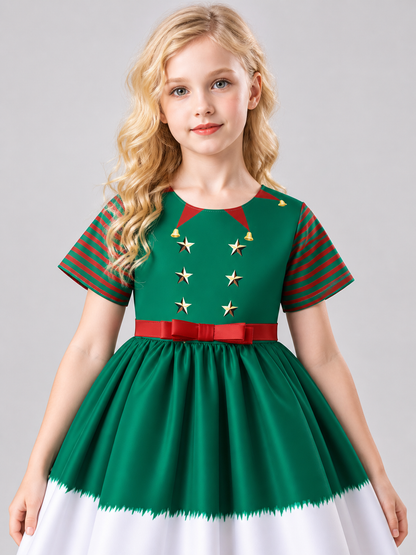 Green Kids' Holiday Dress with Stars and Bow