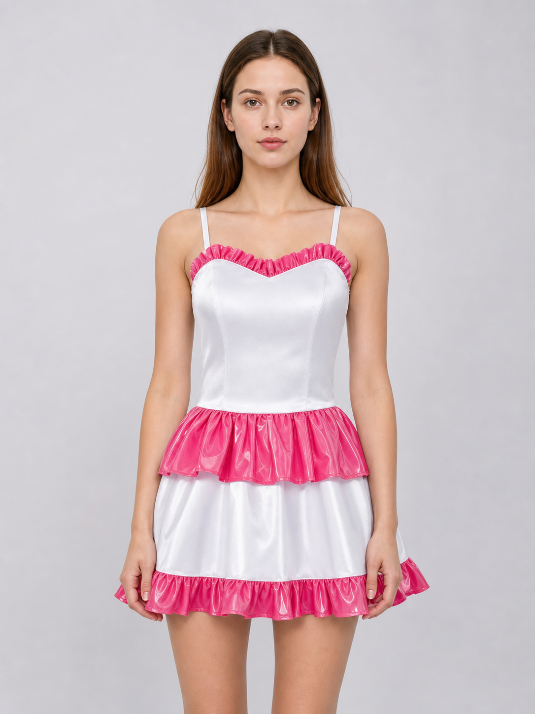 White Mima cosplay dress with pink ruffles and a bow