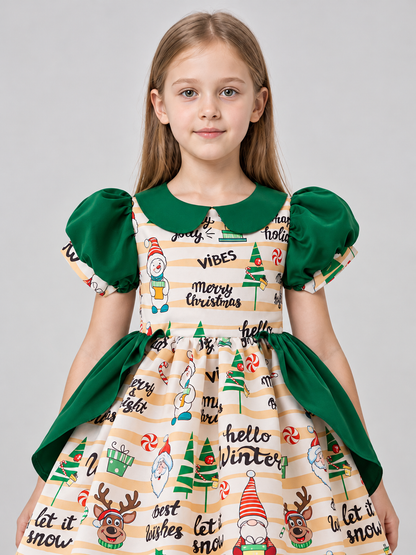 Dressy Girls' Dress with Christmas Print