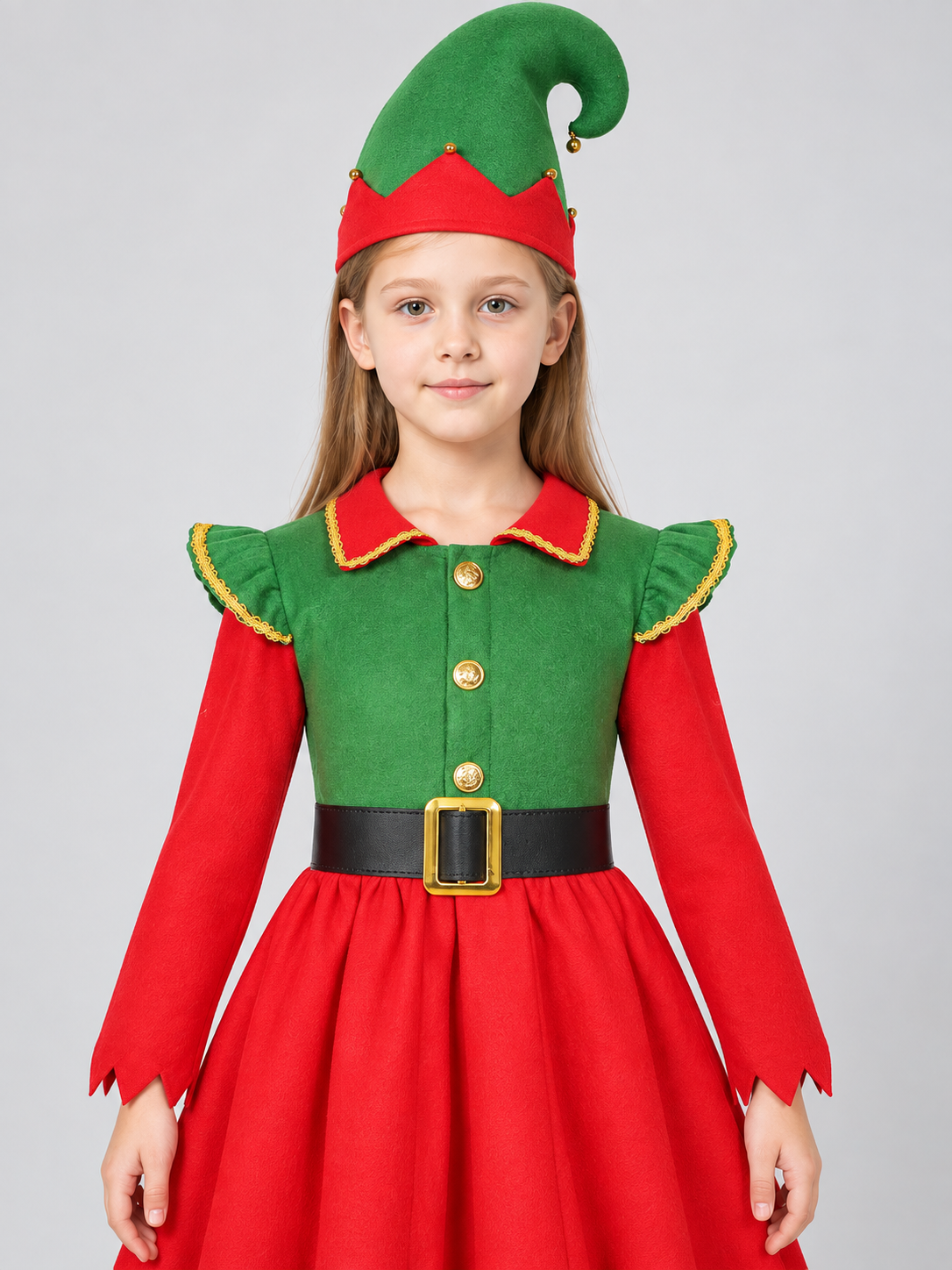 Elf Costume with Long Sleeves and Gold Trim