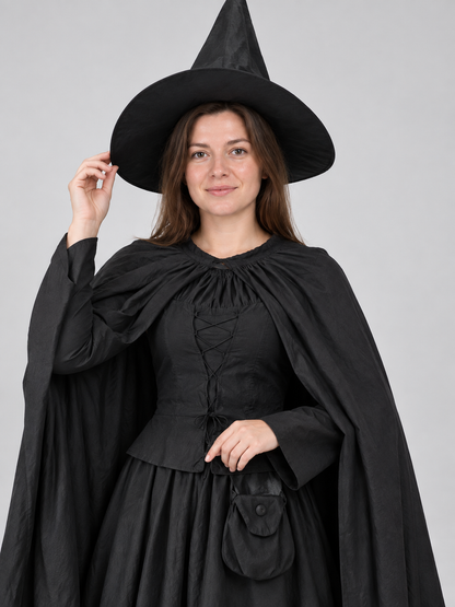 Black Witch Costume with Dress, Cape, and Hat