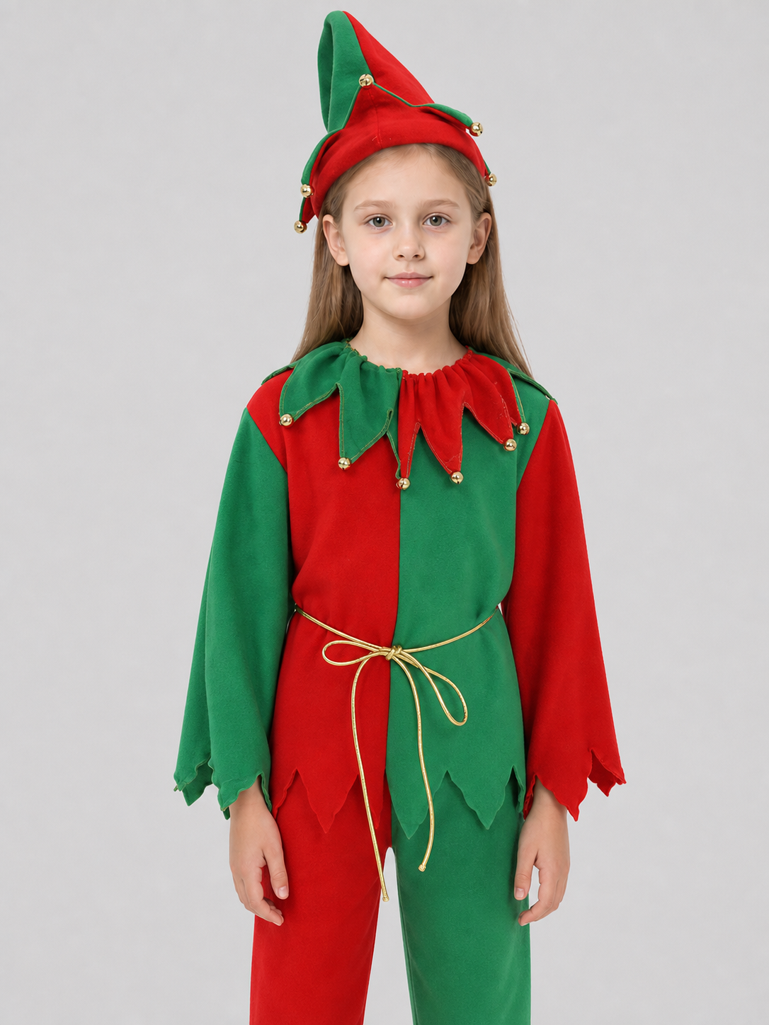 Children’s Christmas elf costume in festive red and green with gold and yellow