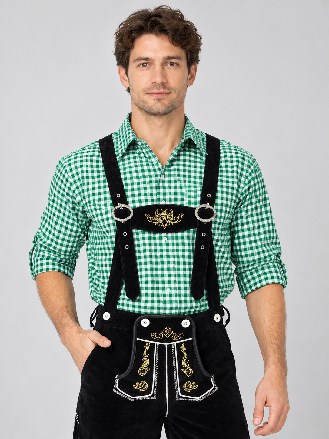 Oktoberfest Costume: Green Plaid, Black Breeches