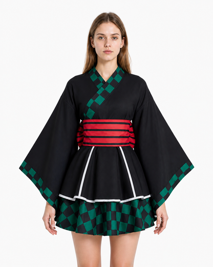 Black Cosplay Dress with White Trim and Checkered Pattern Costume Dresses detail 3