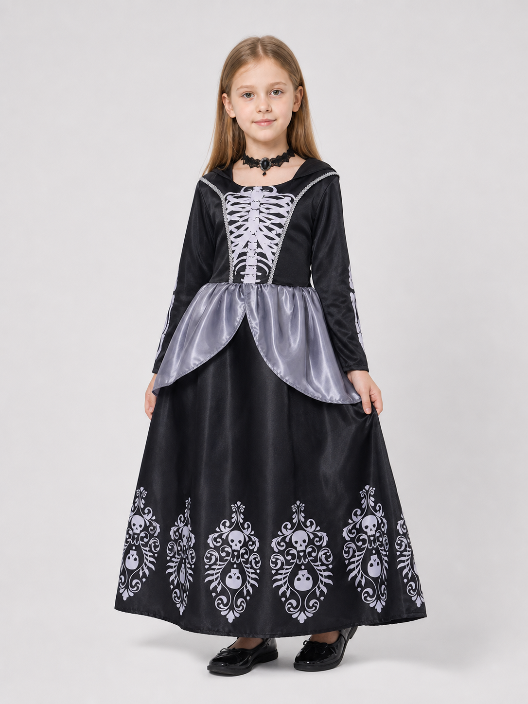 Black Halloween Dress with Hood and Skeleton Design