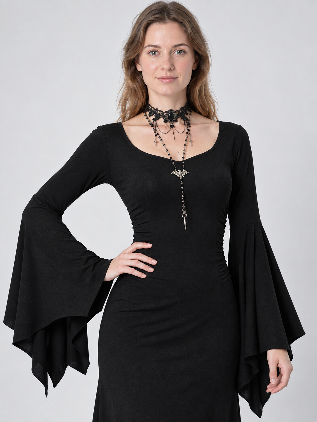 Black Long Gothic-Style Dress with Flared Sleeves