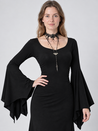 Black Long Gothic-Style Dress with Flared Sleeves