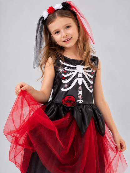 Carnival costume with mesh skirt, skeleton print, rose