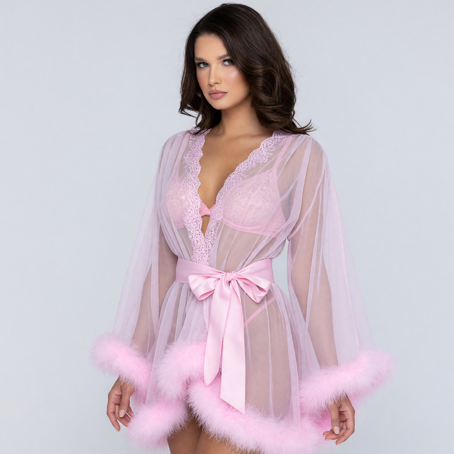 Erotic Pink Sheer Cape with Fluffy Trim