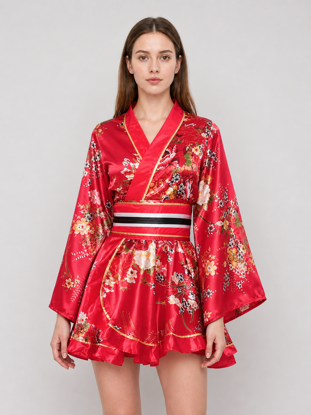 Kimono with Belt and Short Skirt, Floral Print
