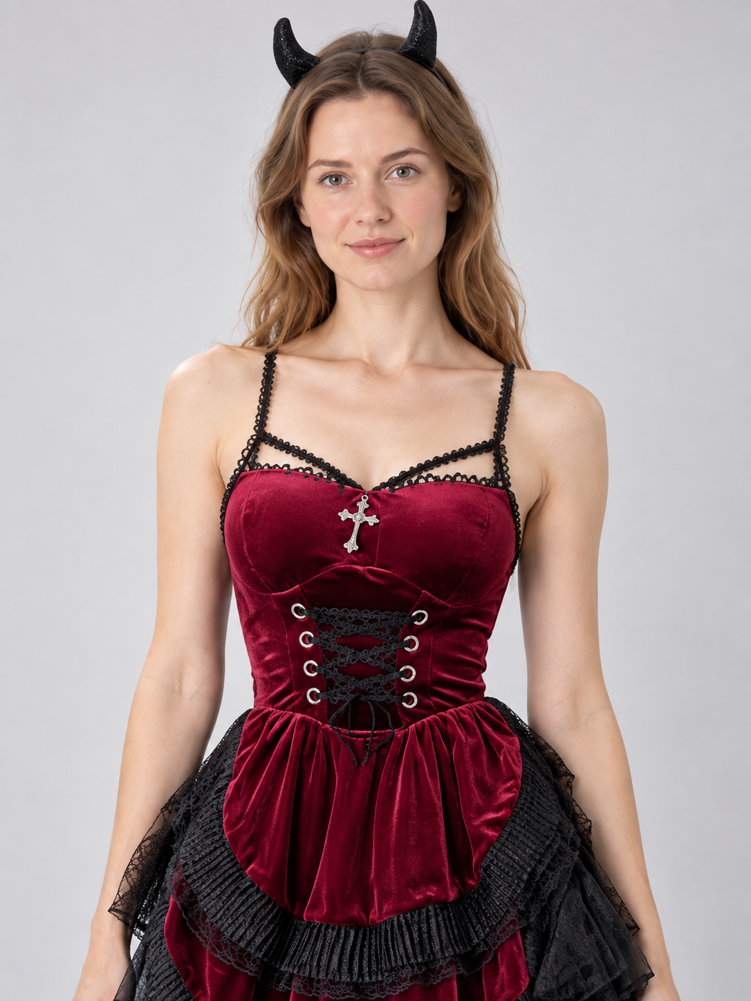 Burgundy Halloween Carnival Dress with Horns
