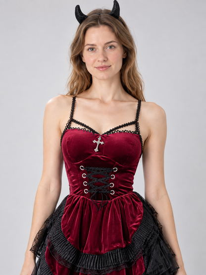 Burgundy Halloween Carnival Dress with Horns
