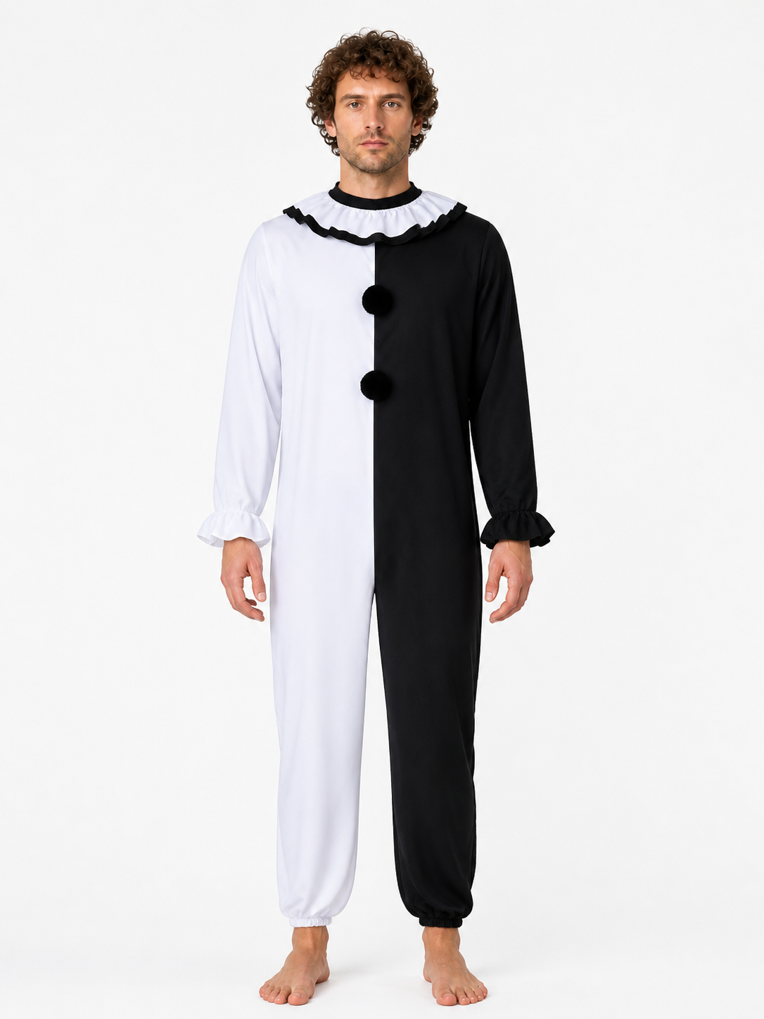 Black-and-White Clown Jumpsuit with Ruffled Collar for Halloween Costumes detail 3