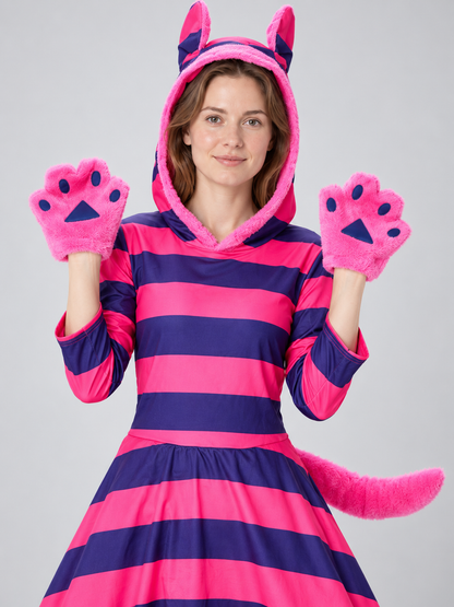 Pink carnival costume with a hood, ears, and tail