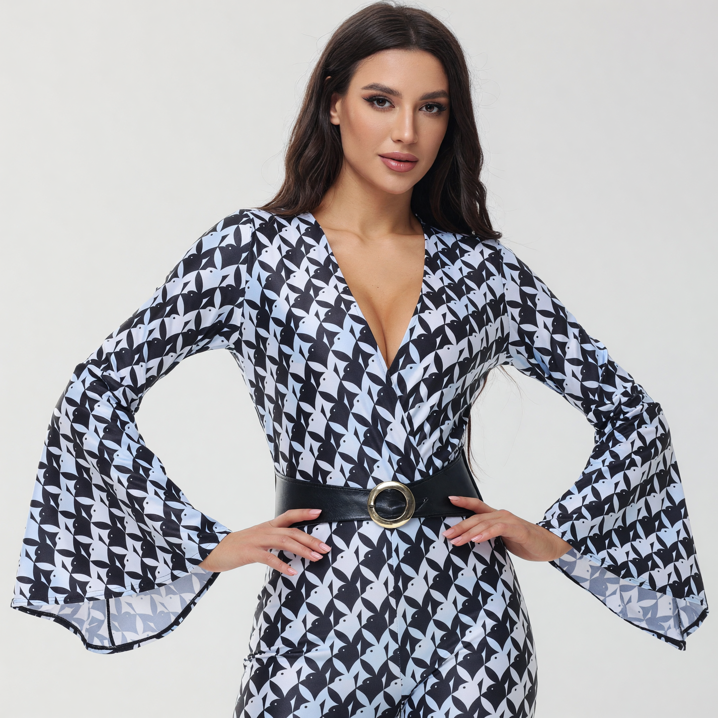 Retro Flared Jumpsuit with Geometric Print