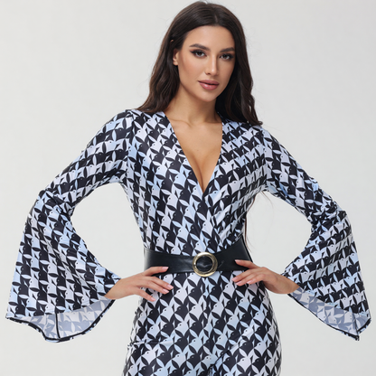 Retro Flared Jumpsuit with Geometric Print