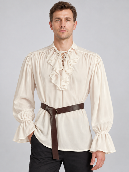 Beige ruffled shirt with puffy sleeves and a belt
