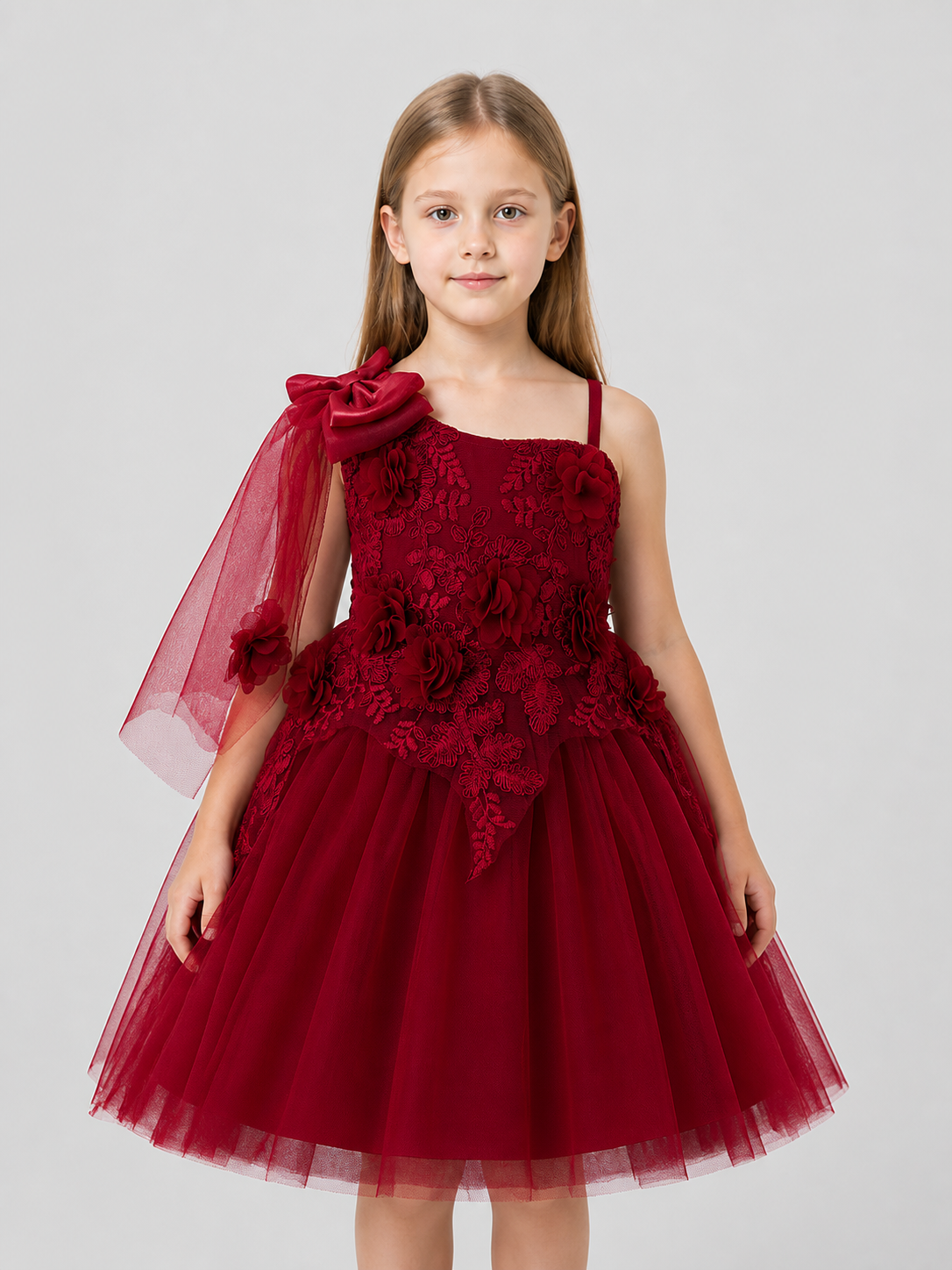 Full-Skirt Dress with Lace Bodice and Roses, Burgundy Costume Dresses detail 3