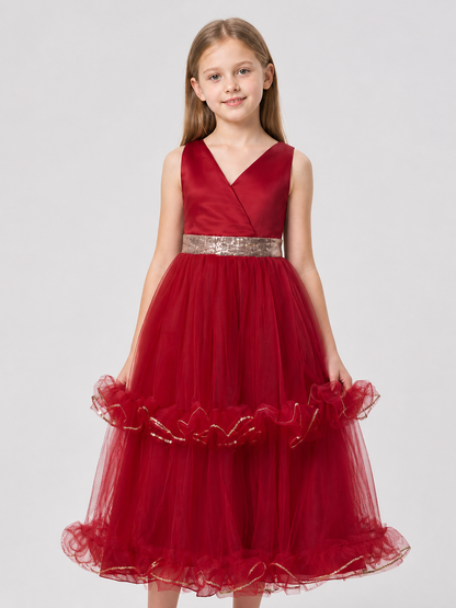 Burgundy Long Princess Dress with V-Neck for Performances