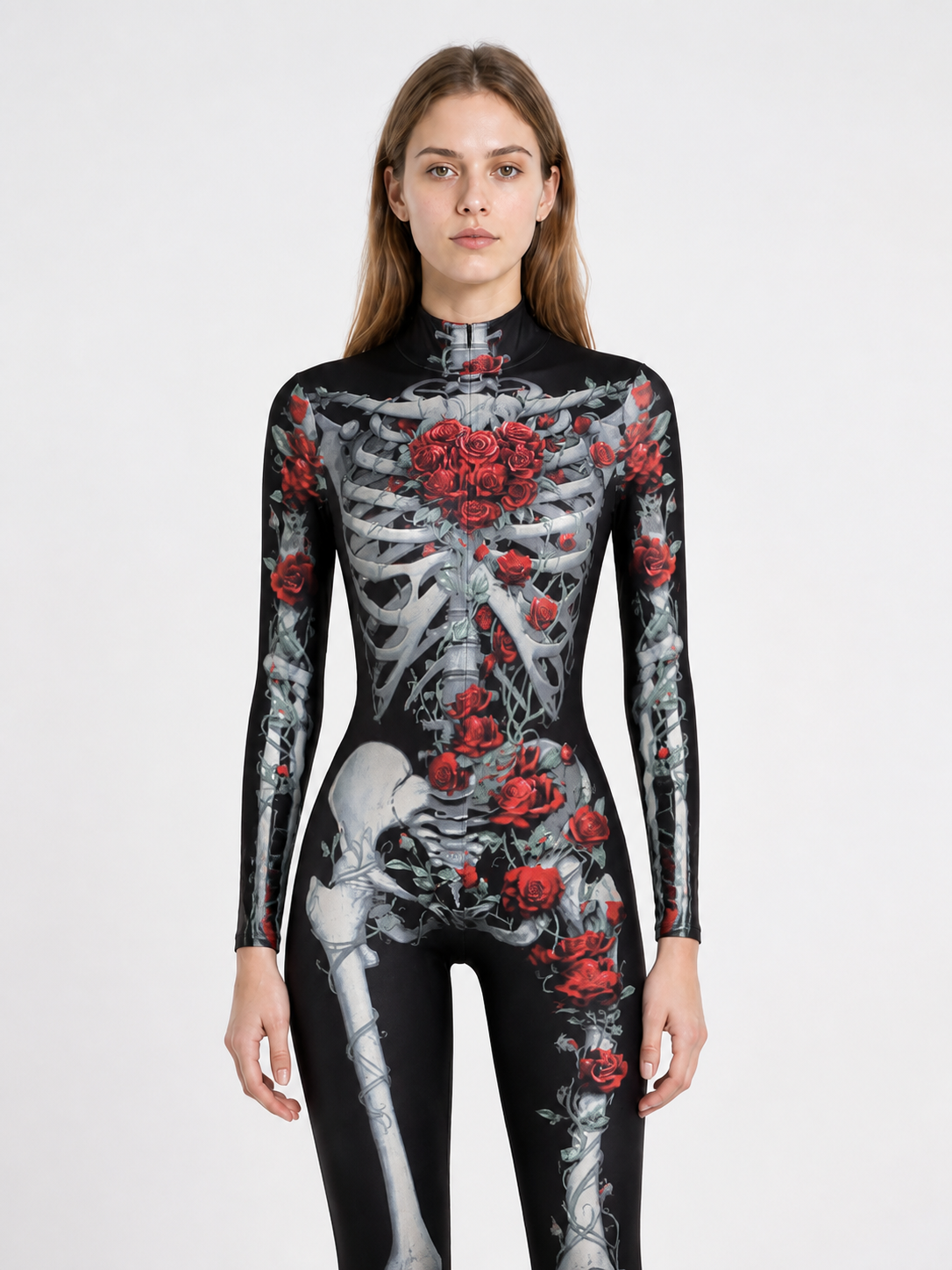 Black Skeleton Jumpsuit with Roses for Halloween Costumes detail 3